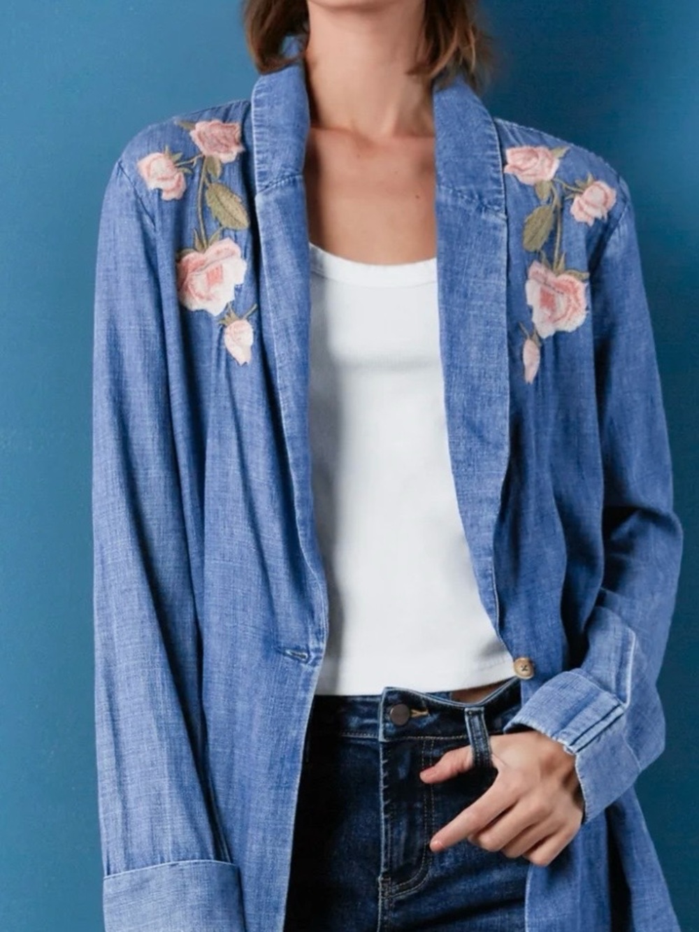 Billy T Embroidered Rose Denim Blazer Women’s Western Boho Medium Retail $148